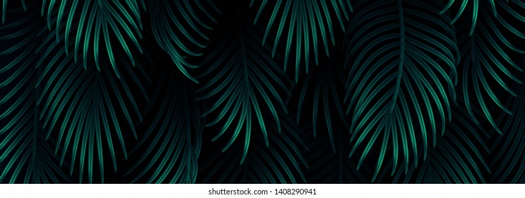 Branch palm realistic. Leaves and branches of palm trees. Tropical leaf background. Green foliage, tropic leaves pattern. horizontal website header. vector illustration