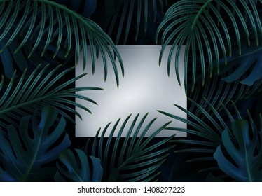 Branch palm realistic. Leaves and branches of palm trees. Tropical leaf background. Green foliage, tropic leaves pattern. frame white paper blank space for a text. vector illustration