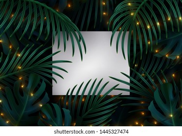 Branch palm realistic. Leaves and branches of palm trees. Tropical leaf background. Green foliage, tropic leaves pattern. frame paper blank space text. illuminated bright lights of holiday garlands