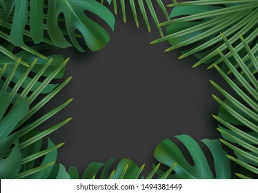 Branch Palm Realistic. Leaves And Branches Of Palm Trees. Tropical Leaf Background. Green Foliage, Tropic Leaves Pattern. Frame Around Blank Space For Text, Flat Lay, View From Above. Vector