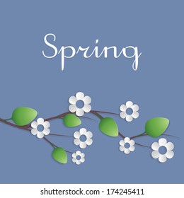 Branch with paper flowers and leaves on blue background. Vector