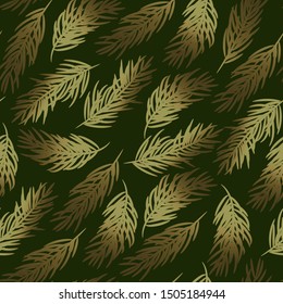 Branch pattern. Fir tree twig. Golden twig christmas green background. Wrapping paper
