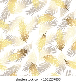 Branch pattern. Golden fir tree twig on white. Wrapping paper