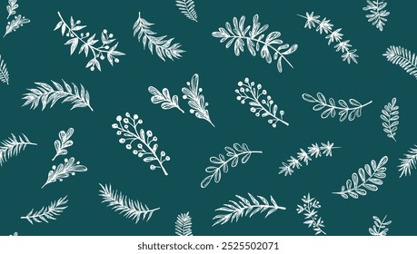 Branch pattern on green, hand drawn, vector.	