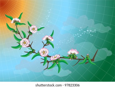 Branch of peach blossom against the sky with clouds