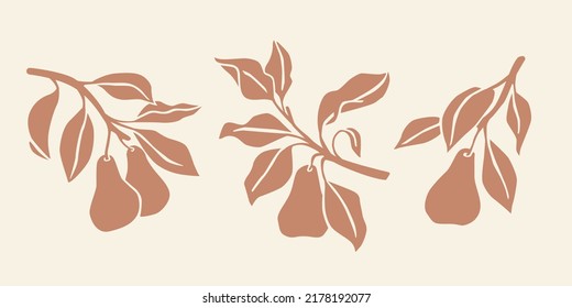 Branch Of Pear Tree. Silhouette Of Fruit. Contour Vector  Illustration.