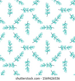 Branch of pine tree seamless pattern design, vector illustration. Hand drawn style. 
