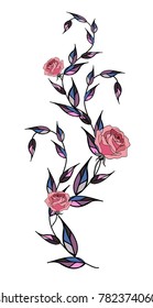 Branch with pink flowers and leaves. Vector illustration. Rose