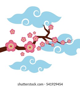 branch with pink flowers over clouds shapes and white background. colorful design. vector illustration