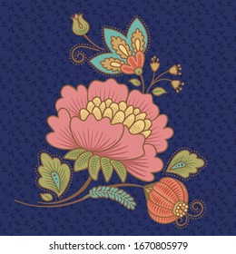 A branch of pink peonies on a blue background