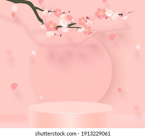 Branch of pink sakura. Japanese cherry tree blossom. Vector Illustration. 3D stand vector background