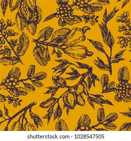 Branch with pistachio nuts, cocoa beans, almonds, cashew nuts and coffee beans plant hand draw illustration sketch. Seamless pattern