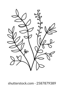 Branch of a plant with flowers and leaves. Hand drawn vector illustration isolated on white background.