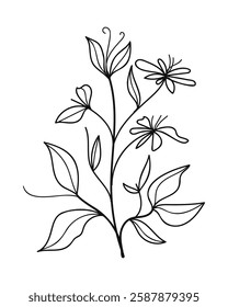 Branch of a plant with flowers and leaves. Hand drawn vector illustration isolated on white background.