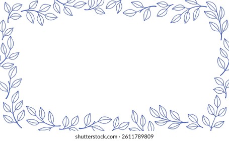 Branch rectangular border banner. Leaves and branches rectangular frame floral ornament. Line pattern background. Mediterranean blue outline stroke. Vector line.