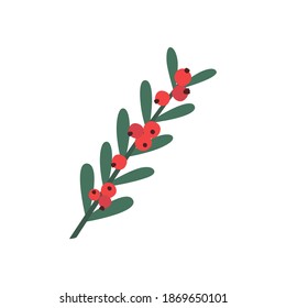 A branch with red berries isolated on a white background. Vector, hand-drawn illustration for the design of Christmas or new year greeting cards.