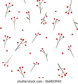 Branch With Red Berries. Vector Seamless Pattern.