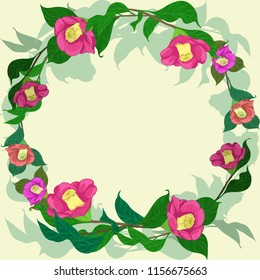 Branch of a red camellia. Vector illustration. Round frame of flowers and leaves. Perfumery and cosmetic plants. Wallpaper. Use printed materials, signs, posters, postcards, packaging. 
