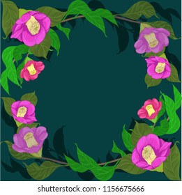 Branch of a red camellia. Vector illustration. Round frame of flowers and leaves. Perfumery and cosmetic plants. Wallpaper. Use printed materials, signs, posters, postcards, packaging. 