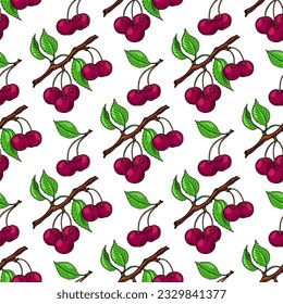 С rama de cerezo, cerezo rojo y hojas verdes. Patrón sin foco. Ilustración vectorial.