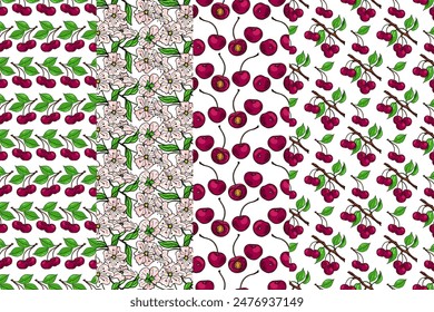 Сherry branch, red cherry and pink flowers set. Four seamless patterns. Vector illustration.