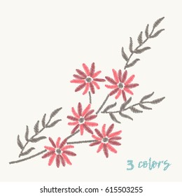 Branch with red flowers embroidery design for clothing. Nature flowers embroidery patch vector decoration. 