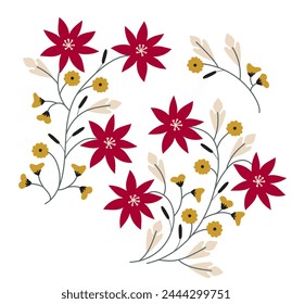 A branch with red flowers on a white background. Spring Easter flowers. Isolated on white background. Vector flowers. Spring vector botanical elements. Holiday seasonal floral decoration.