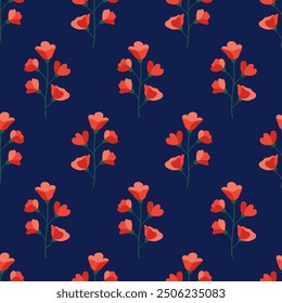 Branch with red flowers, seamless pattern. Floral inflorescences on a dark blue background. Meadow botanical print, wildflowers. Vector illustration