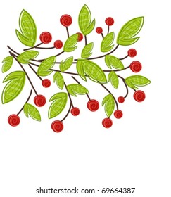 Branch with red fruits and green leaves. Spring vector painting