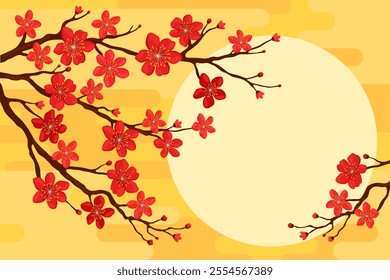 Branch with red sakura flowers on a yellow background, copyspace for your text. Postcard or banner template for Lunar New Year, Chinese New Year, Tet. Spring apricot, cherry or apple flowers.