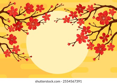 Branch with red sakura flowers on a yellow background, copyspace for your text. Postcard or banner template for Lunar New Year, Chinese New Year, Tet. Spring apricot, cherry or apple flowers.