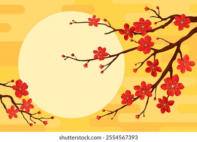 Branch with red sakura flowers on a yellow background, copyspace for your text. Postcard or banner template for Lunar New Year, Chinese New Year, Tet. Spring apricot, cherry or apple flowers.