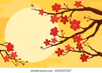 Branch with red sakura flowers on a yellow background, copyspace for your text. Postcard or banner template for Lunar New Year, Chinese New Year, Tet. Spring apricot, cherry or apple flowers.