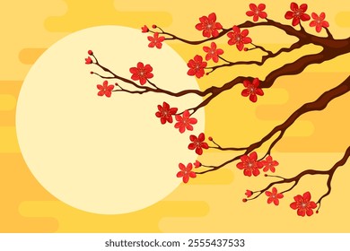 Branch with red sakura flowers on a yellow background, copyspace for your text. Postcard or banner template for Lunar New Year, Chinese New Year, Tet. Spring apricot, cherry or apple flowers.