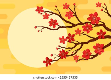 Branch with red sakura flowers on a yellow background, copyspace for your text. Postcard or banner template for Lunar New Year, Chinese New Year, Tet. Spring apricot, cherry or apple flowers.