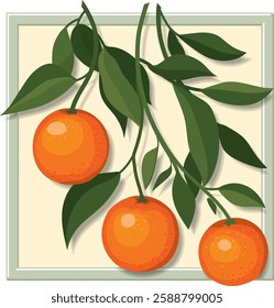 Branch of ripe oranges with leaves, vector illustration