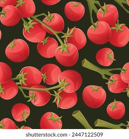 Zweig mit reifen roten Kirschtomaten. Vektorgrafik nahtloses Cartoon-Muster aus natürlichem organischem Gemüse.