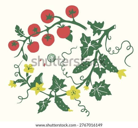 Branch with Ripe Tomatoes and Cucumber Vine in Circular Composition. Garden Cutout Illustration