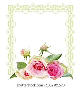 Branch of roses flowers with leaves and frame. Isolated floral object on white background. Vector illustration. Editable element for design.
