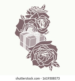 Branch of roses with leaves and gift box on a white background. Silhouette.Vector hand-drawn illustration.
