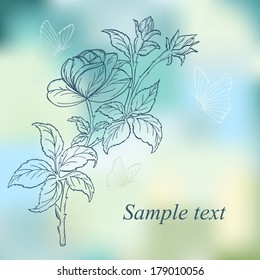 Branch of roses on blurry background. Can be used as a greeting card or wedding invitation 
