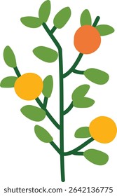 A branch with round fruits and simple leaves in a flat style. The illustration depicts a twig bearing circular fruits and basic foliage. Cartoon vector illustration.