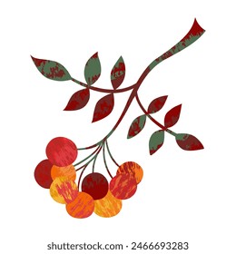 Branch with rowan berries autumn leaves vector flat isolated illustration on white background Abstract design handmade fall holiday print on fabric and paper greeting decorations discount sale 