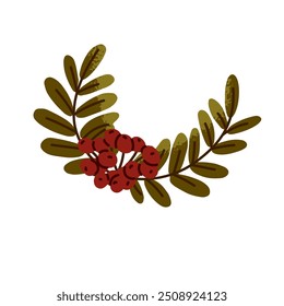 Rama de serbal con bayas rojas. Ramita otoñal con hojas Pequeñas en estilo dibujado a mano. Primavera de árbol con follaje en la temporada de otoño. Icono de decoración de la naturaleza de otoño. Ilustración vectorial aislada plana en blanco