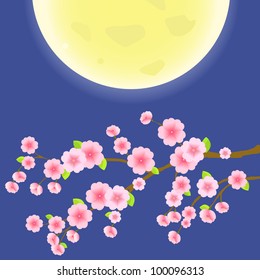 Branch of Sakura Cherry Tree on Blue Sky and Yellow Moon. Japanese Vector Illustration
