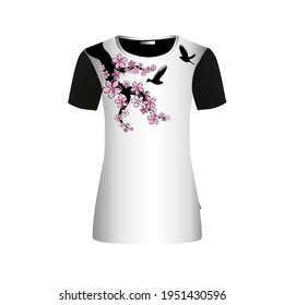 Una rama de sakura con pétalos en caída con aves voladoras. Impresión de camisetas. Ilustración del vector