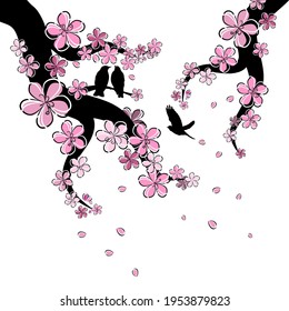 A branch of sakura with falling petals With flying birds . Vector illustration
