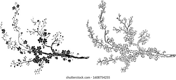 Branch Of Sakura Flower Vector For Printing On Background.Peach Blossom Illustration For Doodle Art.Cherry Blossom With Nature Background.Apricot Flower Set For Tattoo.Japanese Floral Collection.