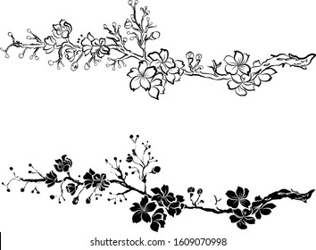 Branch of sakura flower vector for printing on background.Peach blossom illustration for doodle art.Cherry blossom with nature background.Apricot flower set for tattoo.Japanese floral collection.