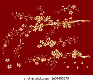 Branch of sakura flower vector for printing on background.Peach blossom illustration for doodle art.Cherry blossom with nature background.Apricot flower set for tattoo.Japanese floral collection.